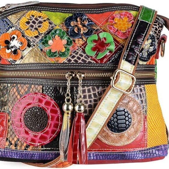 Women’s Multicolor Floral Crossbody Bag Cowhide Leather Handbag Colorful Purses - Picture 1 of 7